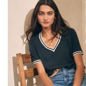 Faherty Black V-Neck Short Sleeve Tee with White Trim